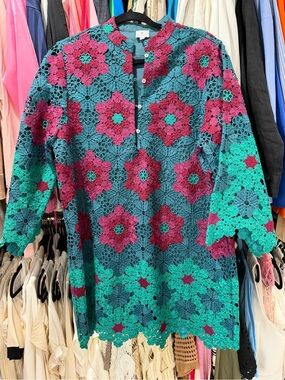 Crochet Floral Mini Dress in Teal, Fuchsia & Turquoise